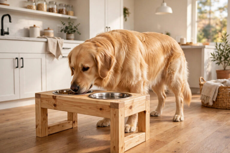 Golden retriever eating from a DIY wooden raised dog feeder with stainless steel bowls.
