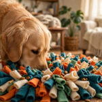 Golden retriever foraging for treats in a handmade fleece snuffle mat.