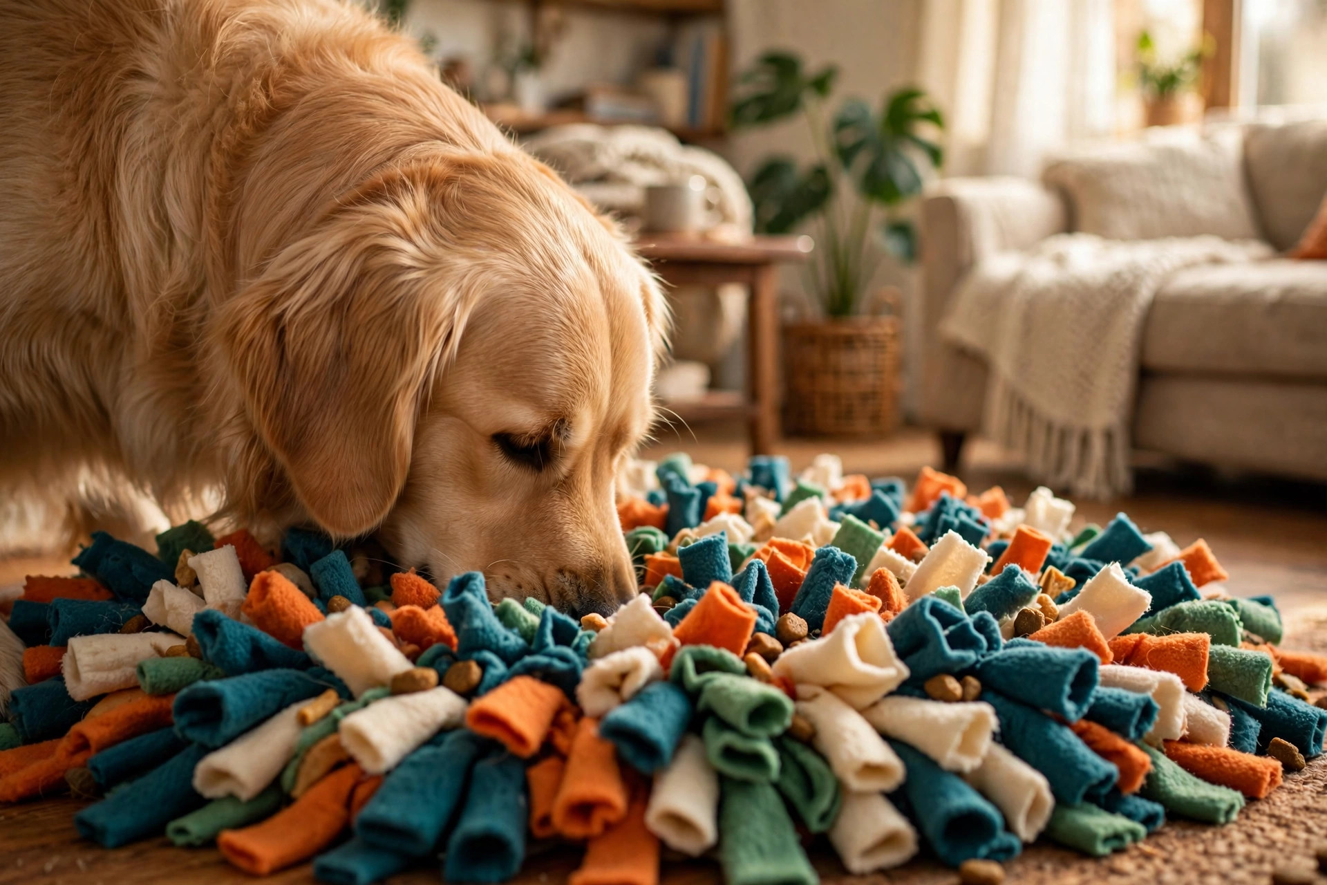 Golden retriever foraging for treats in a handmade fleece snuffle mat.
