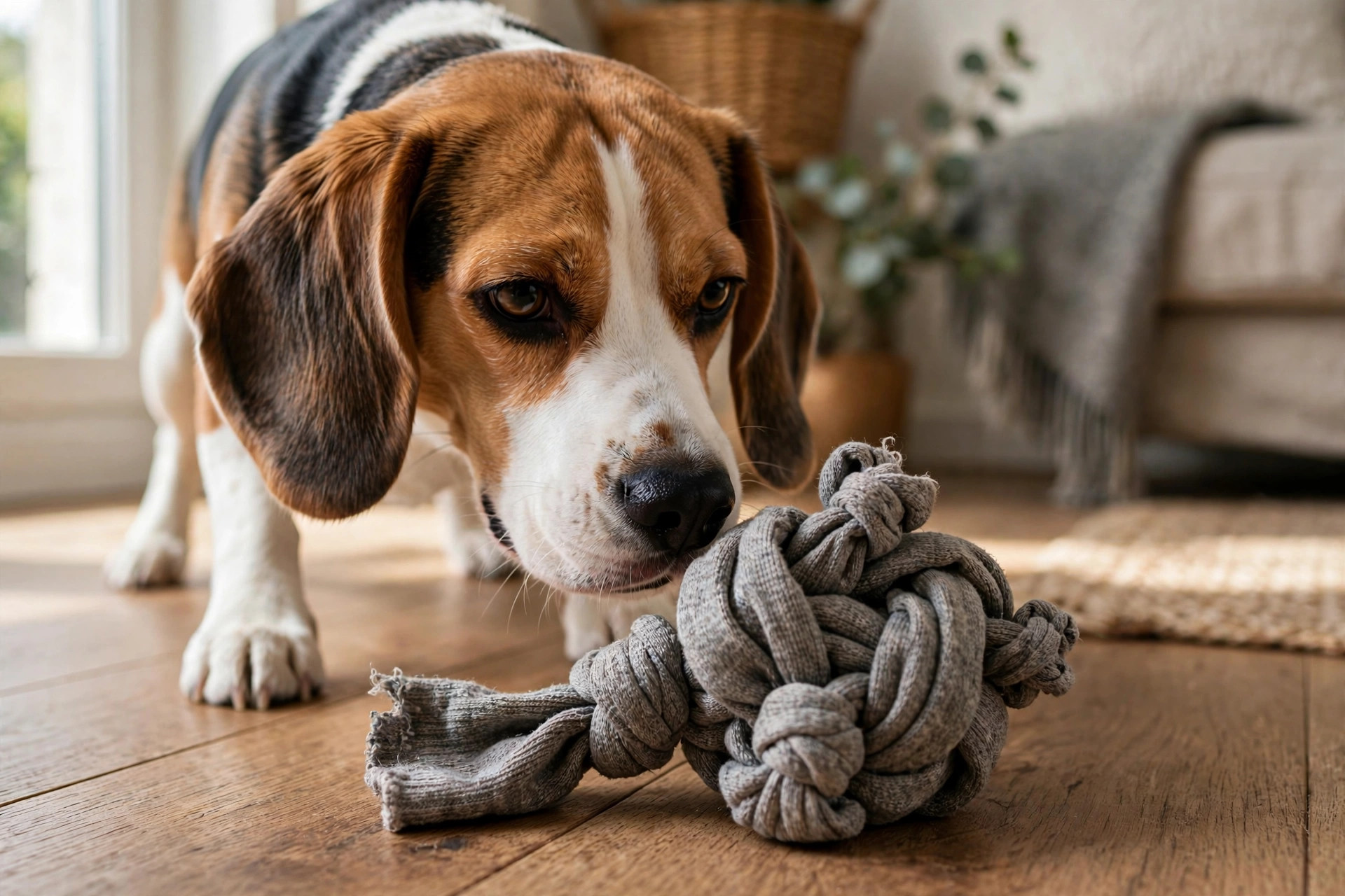 Beagle nosing a homemade sock crinkle dog toy on a wooden floor.