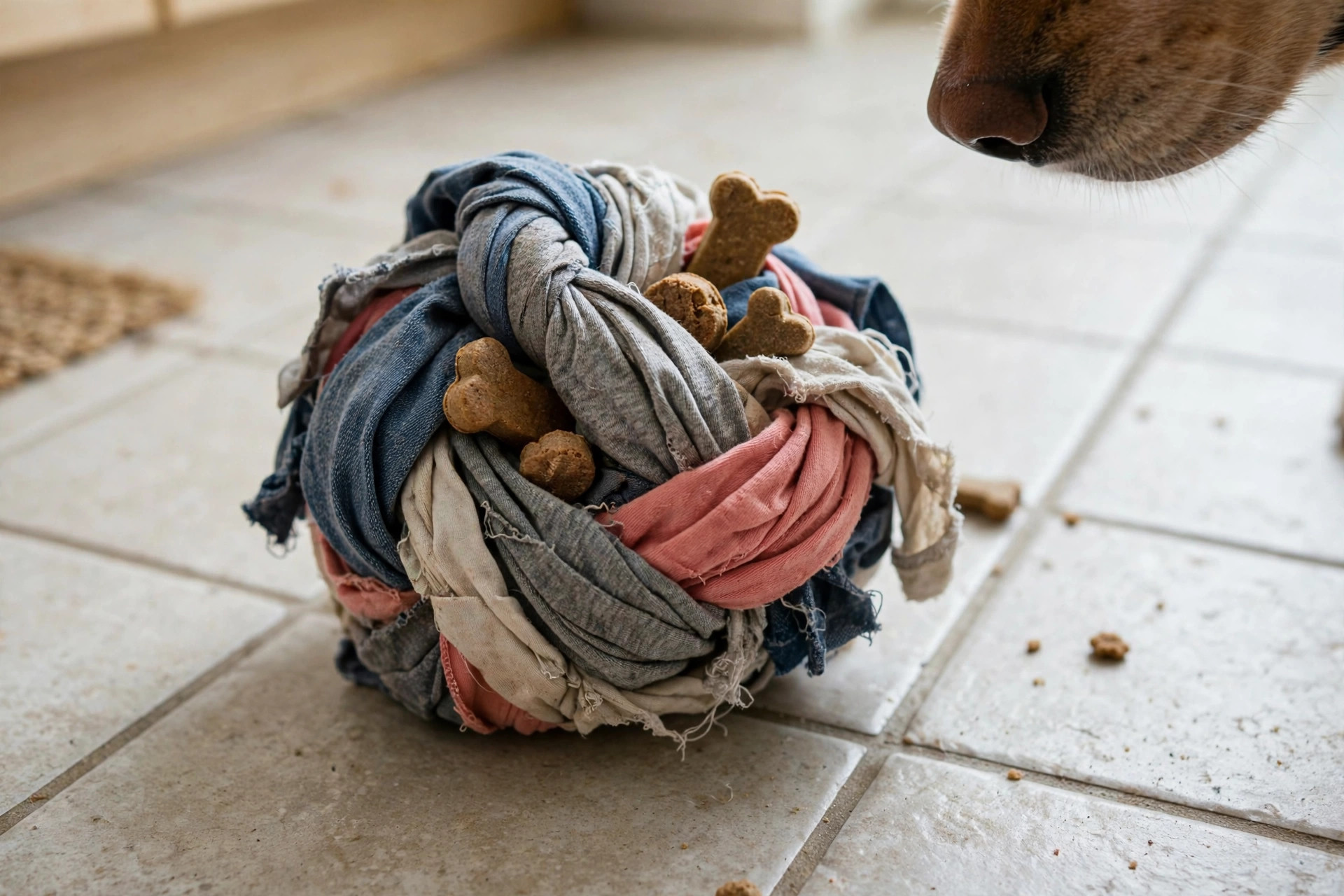 Knotted rag ball of t-shirt strips with dog treats tucked among the folds.