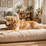 Golden retriever sprawled on a large plush rectangular dog bed in a bright living room