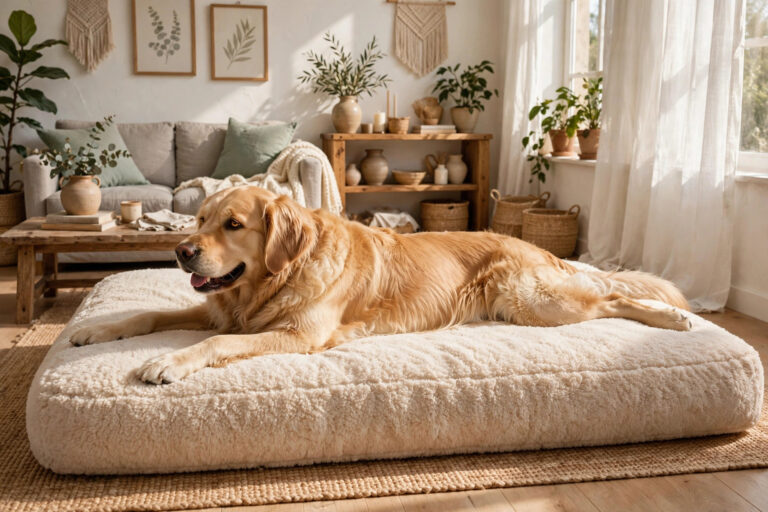 Golden retriever sprawled on a large plush rectangular dog bed in a bright living room