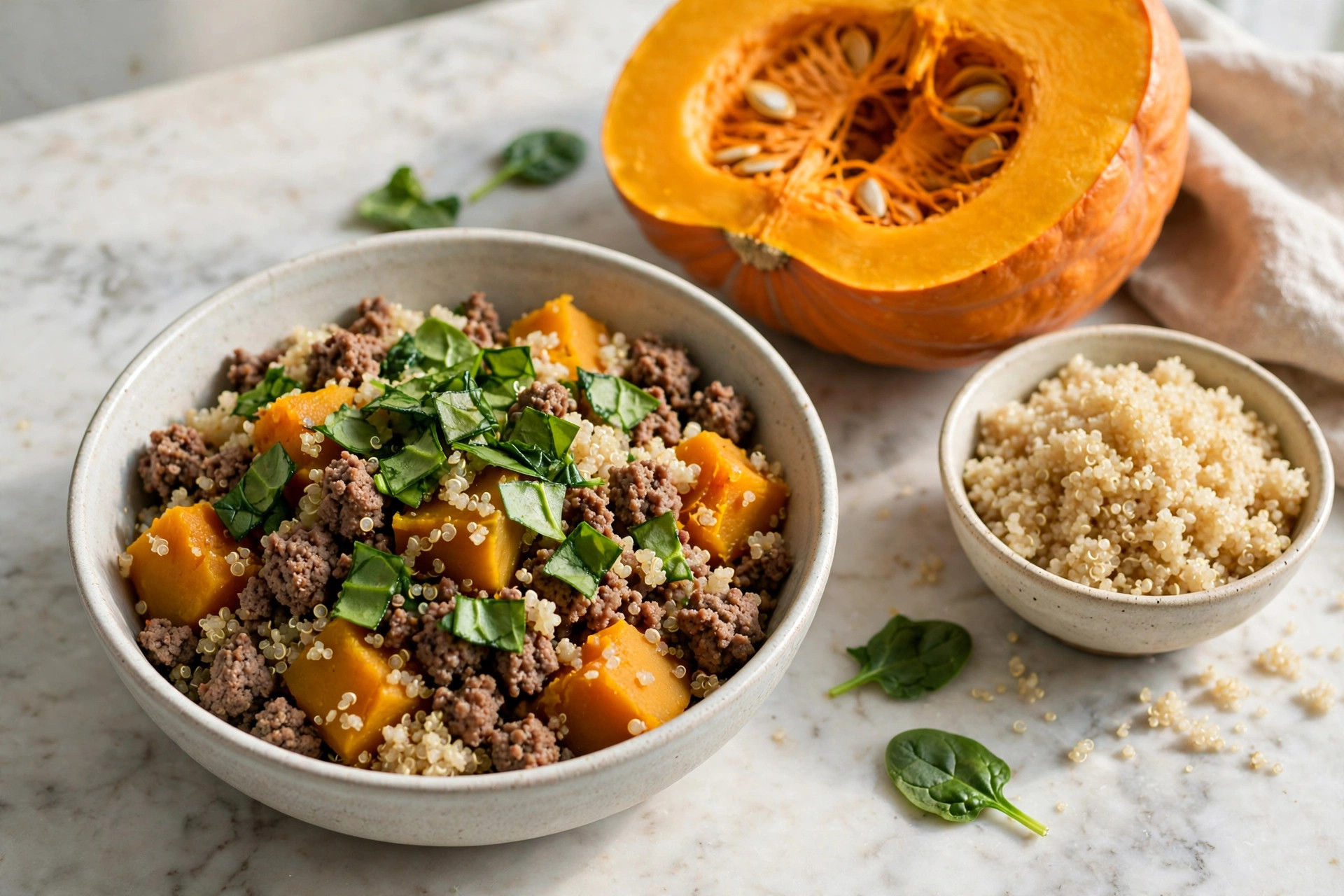 Homemade beef, pumpkin and quinoa dog food bowl with fresh pumpkin and spinach.