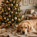 Dog-safe Christmas decor — decorated tree with shatterproof ornaments and a calm dog beside it.