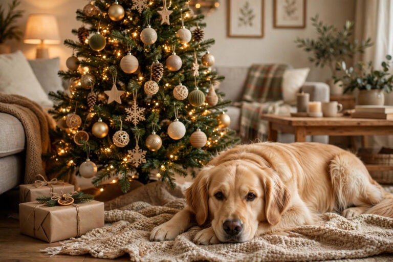 Dog-safe Christmas decor — decorated tree with shatterproof ornaments and a calm dog beside it.