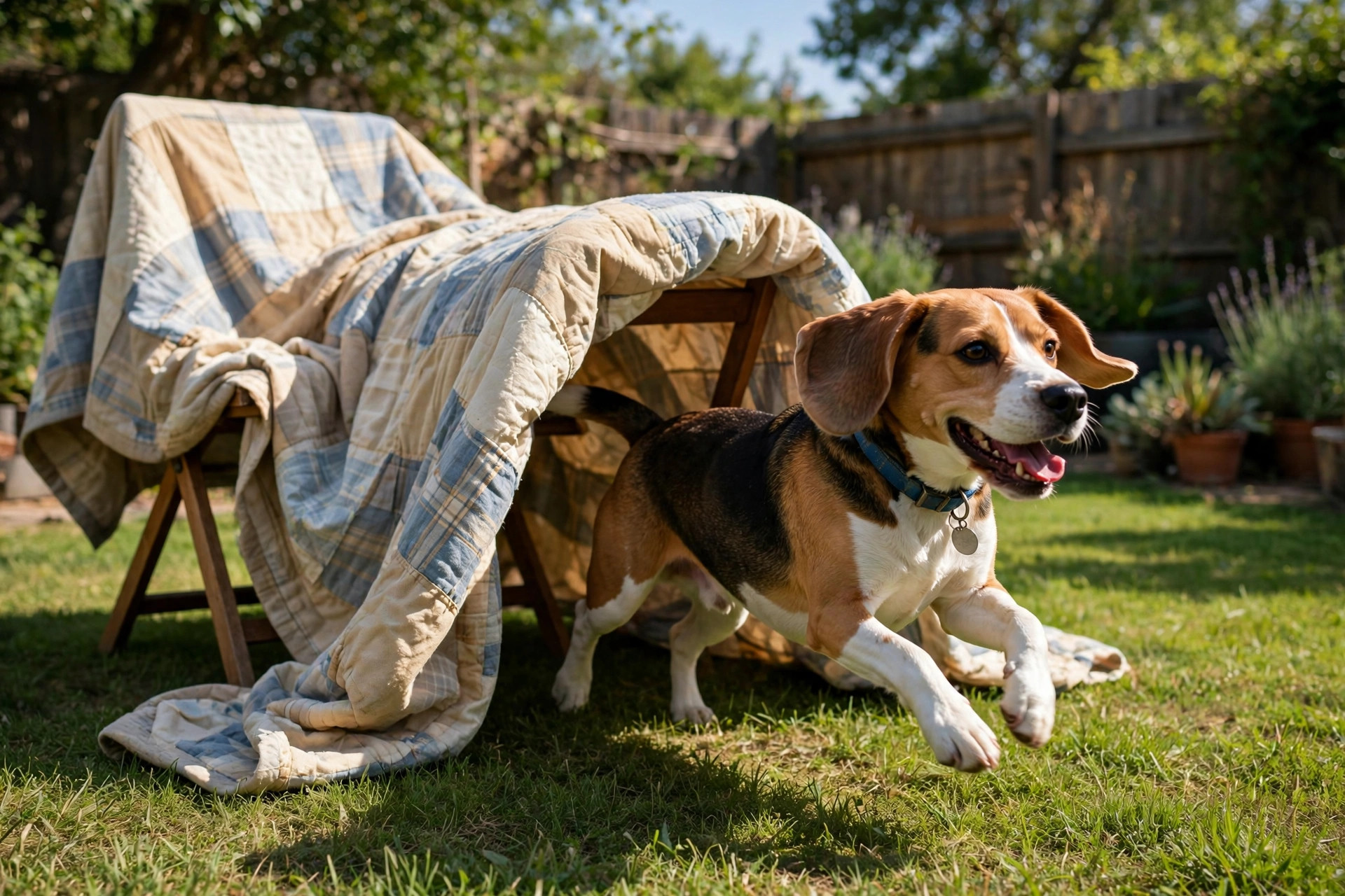 Beagle running out of a homemade blanket tunnel in a backyard agility course