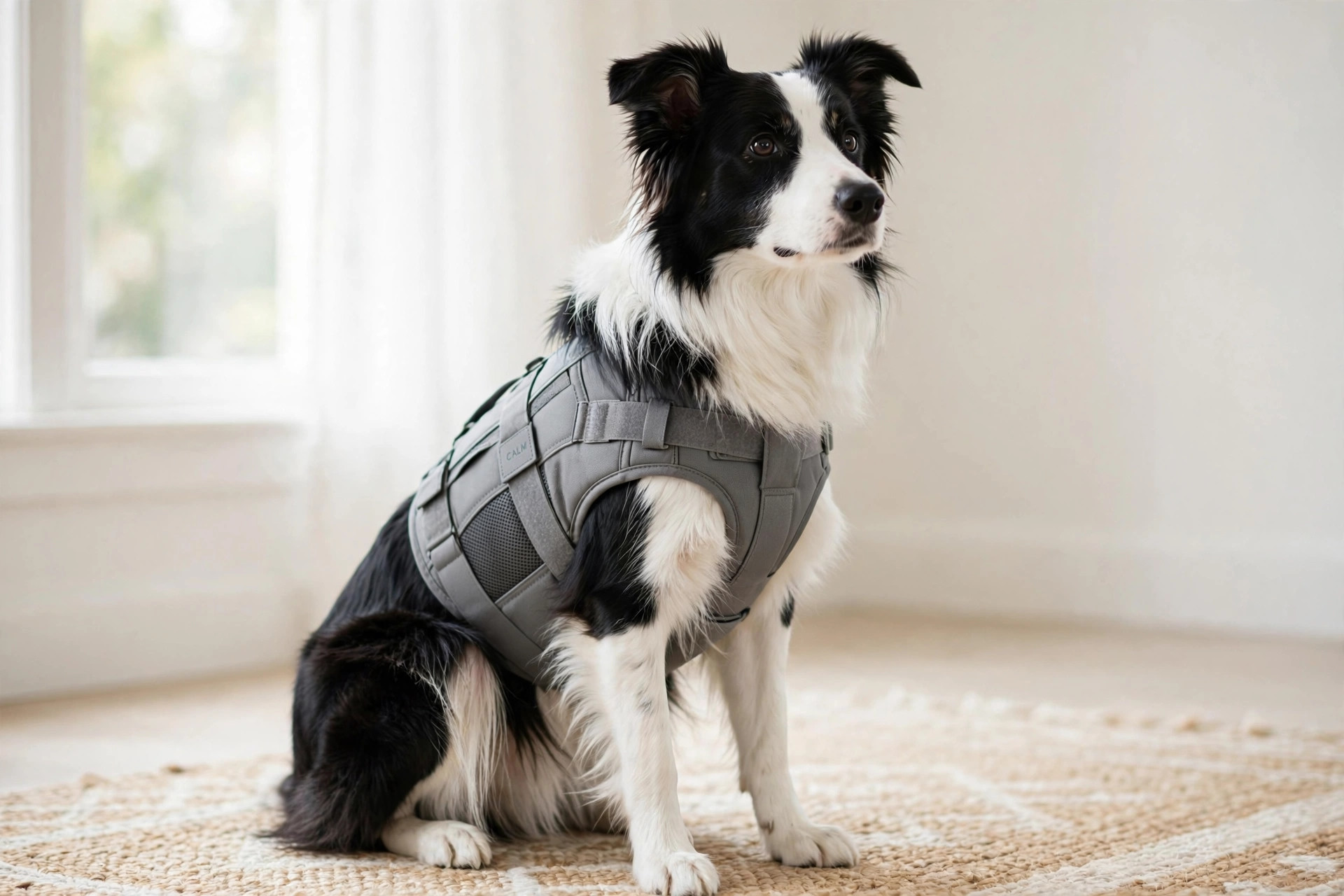 Dog wearing a snug gray calming pressure wrap indoors