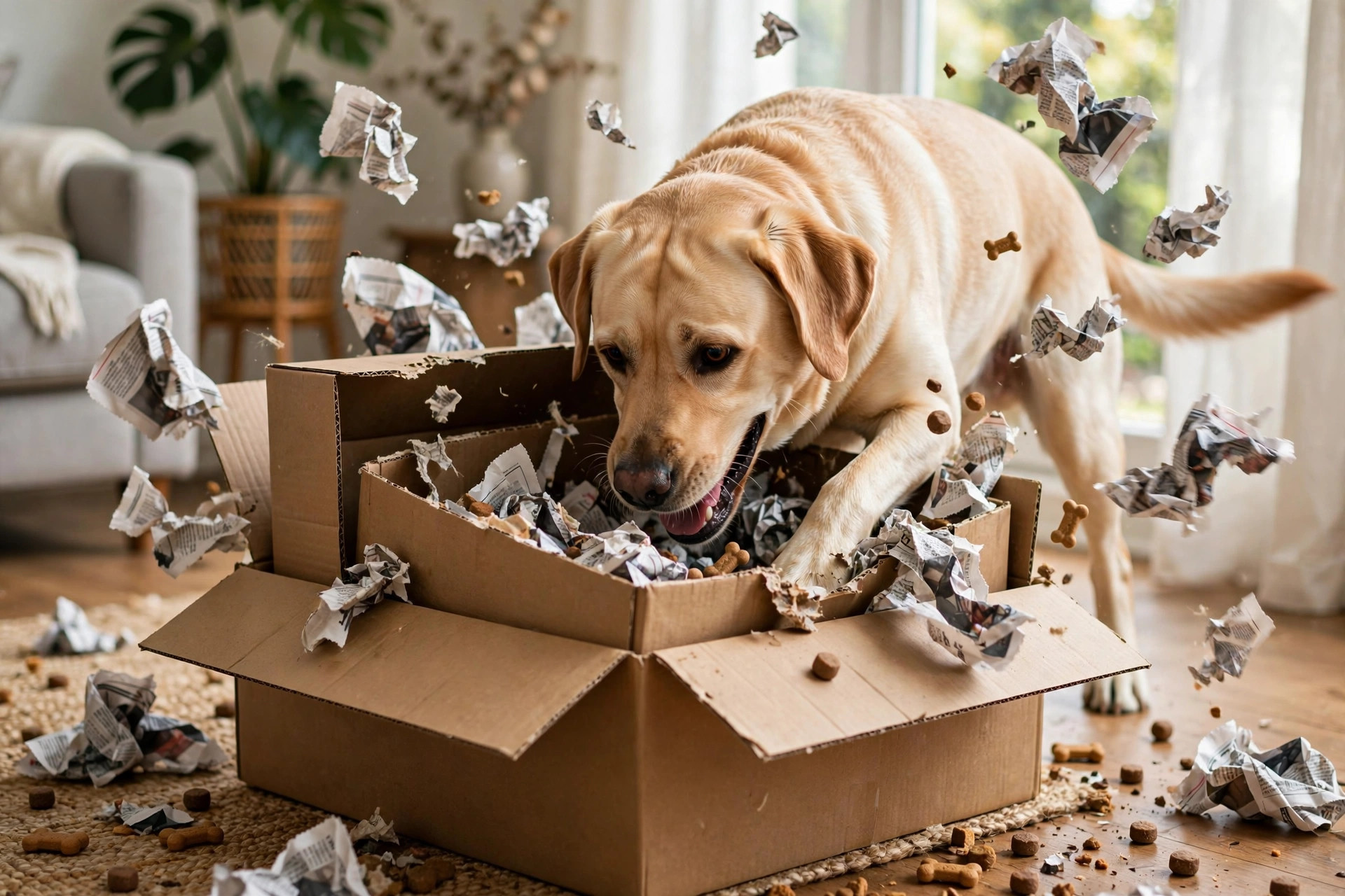 Labrador digging through a cardboard box nest puzzle filled with newspaper and hidden treats.
