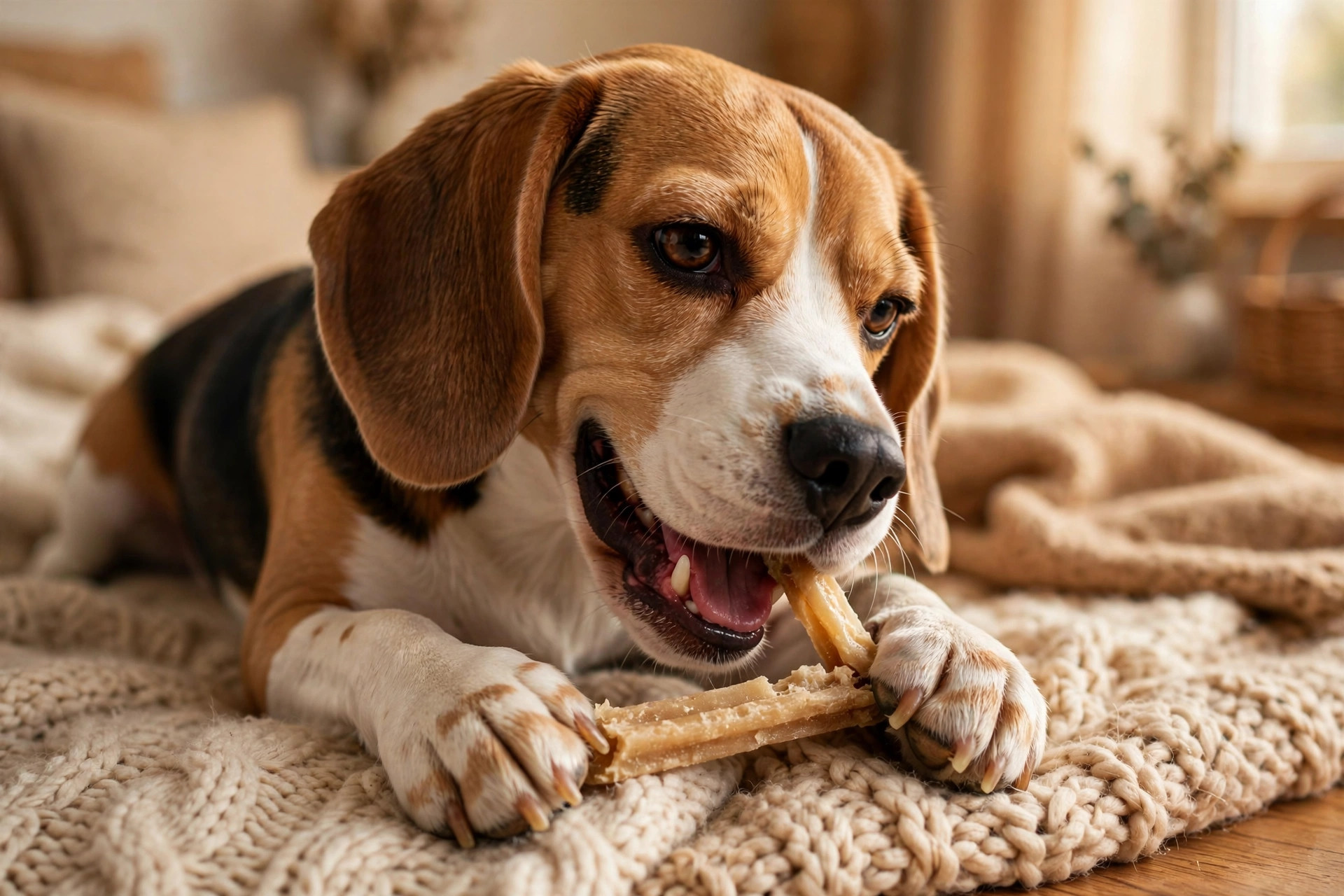 Beagle chewing a natural collagen stick between its paws on a cosy rug.