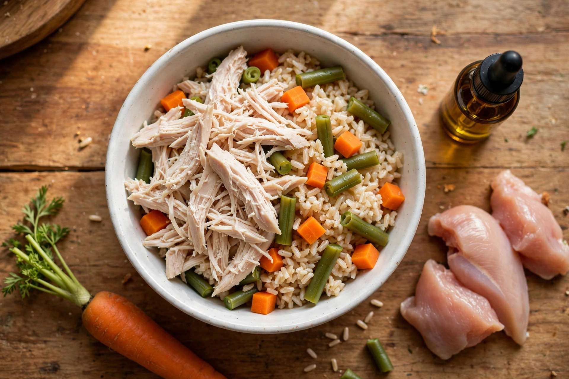 Overhead shot of a homemade chicken and rice dog food bowl with carrots, green beans and salmon oil.