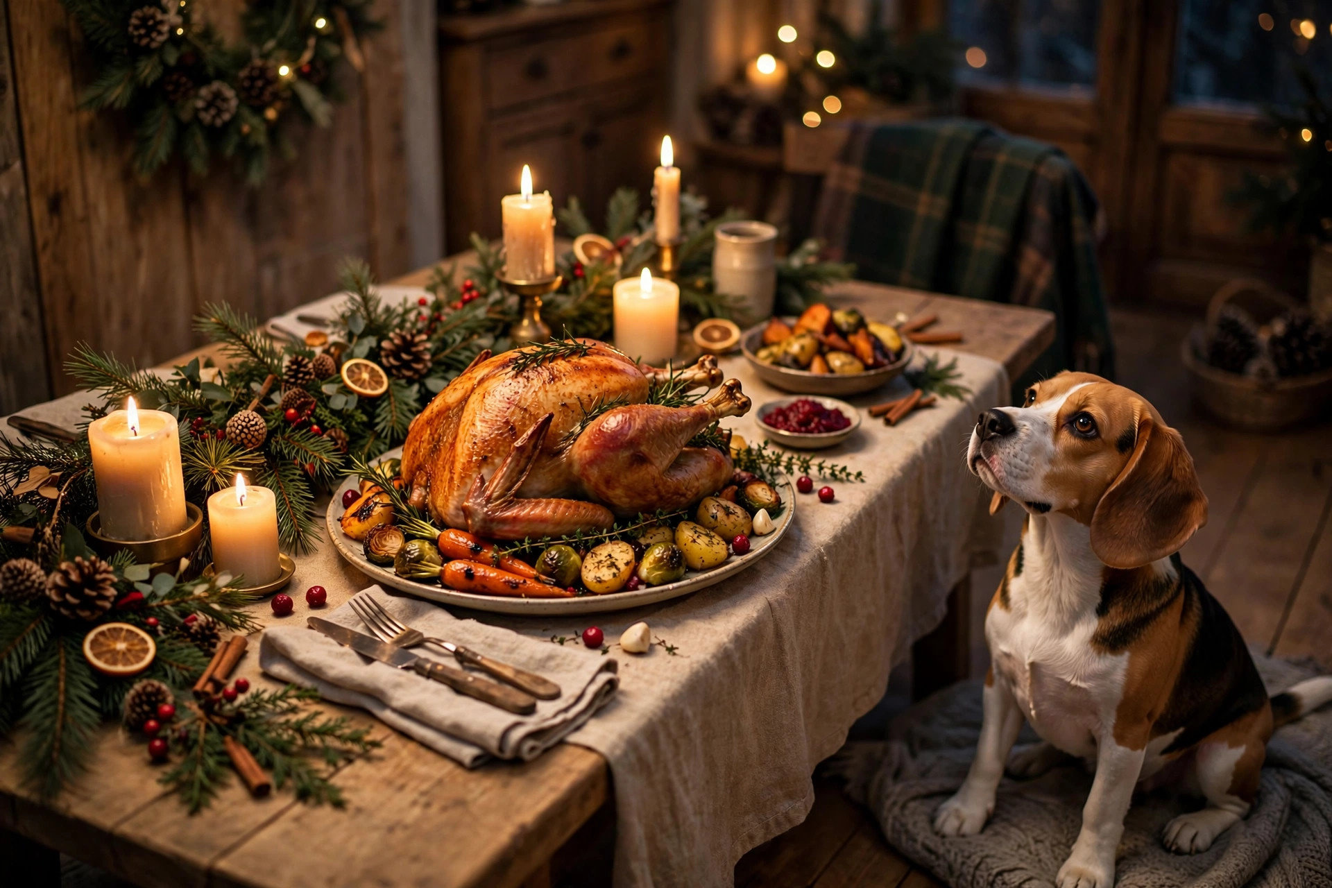 Dog sitting beside a Christmas dinner table looking up