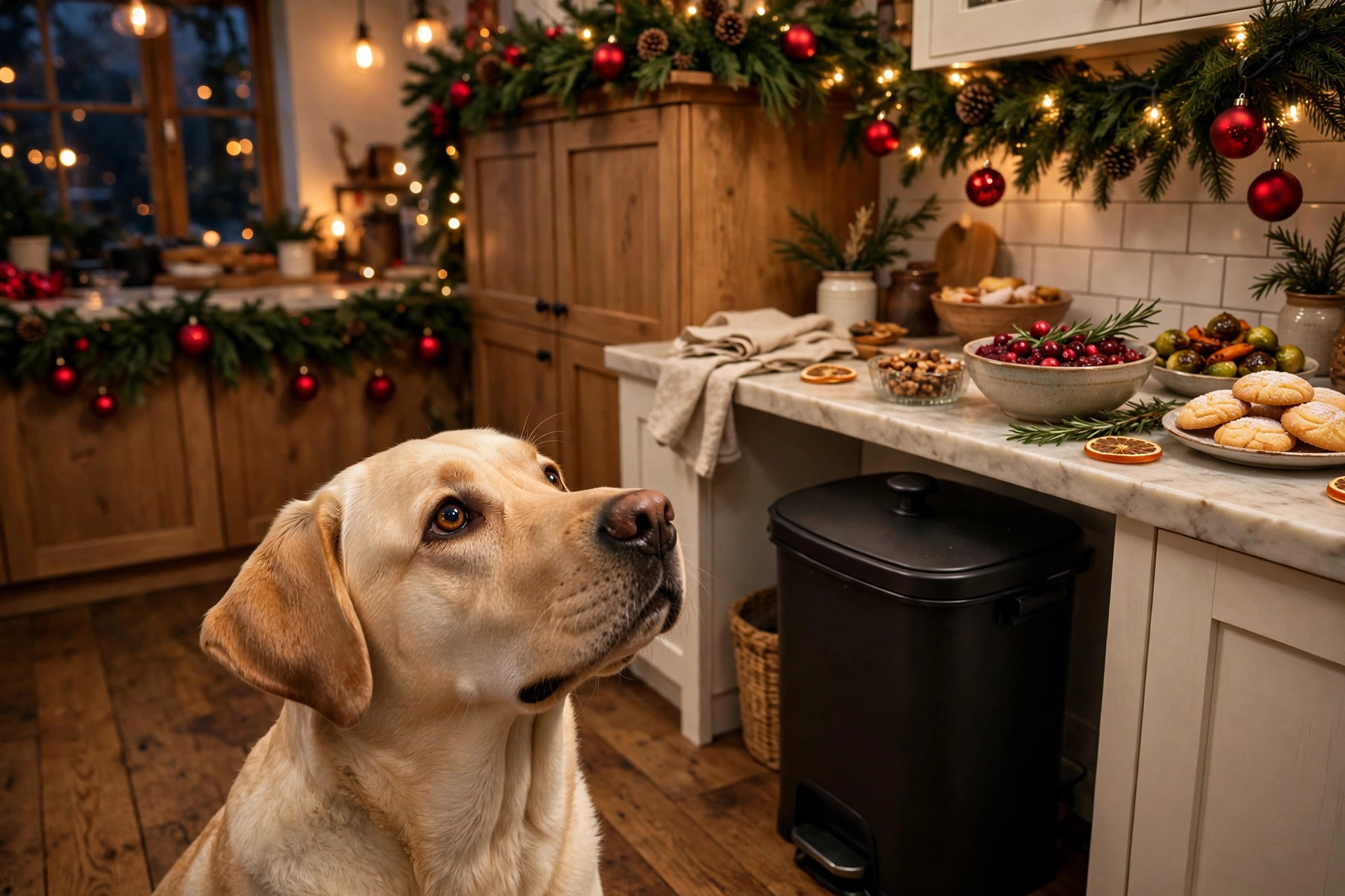 Dog in a Christmas kitchen near food on the counter