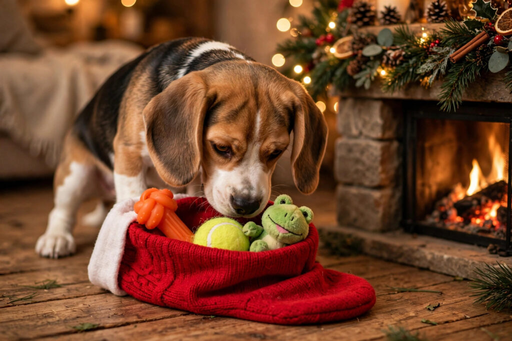 Beagle puppy sniffing a Christmas stocking filled with dog toys.