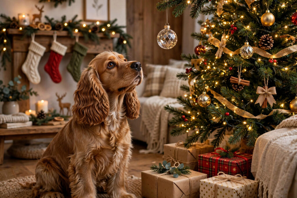 Cocker spaniel sitting beside a decorated Christmas tree with presents.