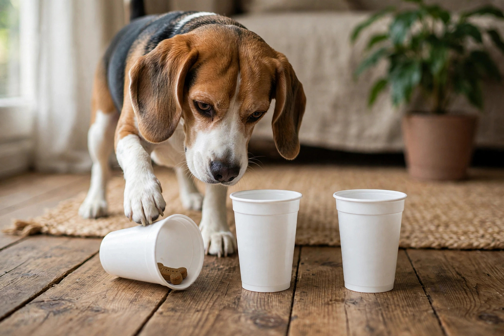 Beagle knocking over plastic cups to find a hidden dog treat.
