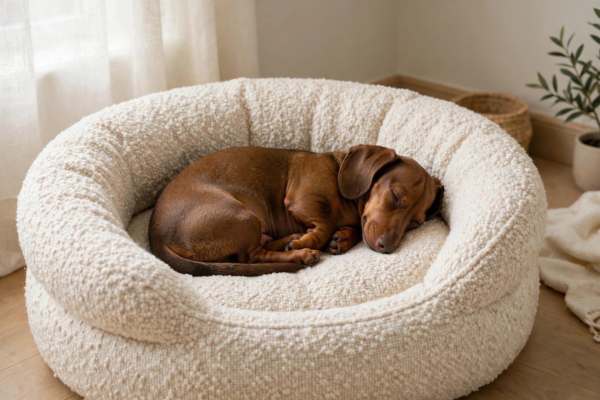 Dachshund curled asleep in a cream boucle dog bed.