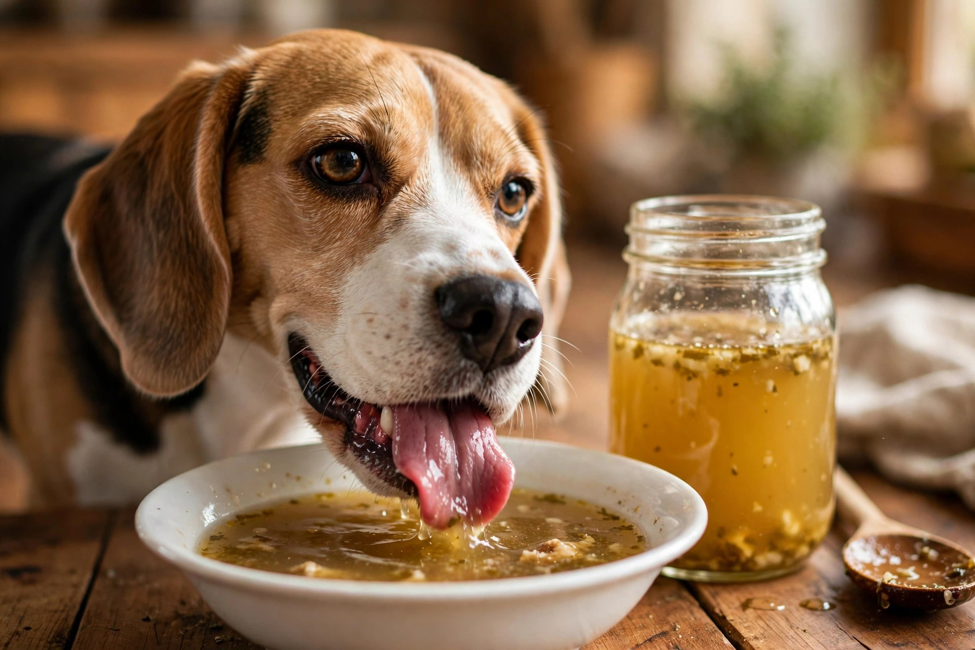 Beagle lapping golden bone broth from a white bowl.