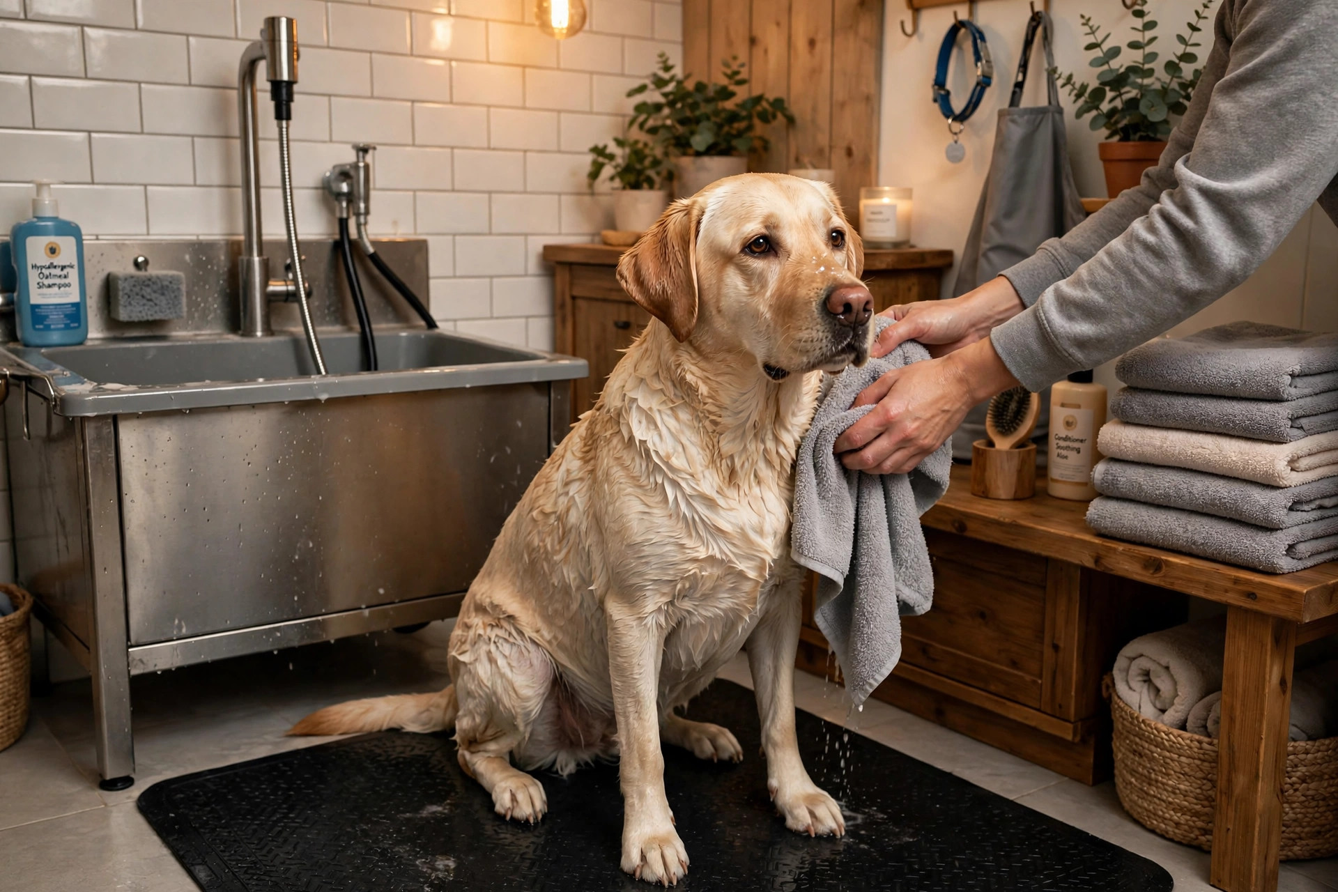 Labrador being towel-dried in a home dog drying zone with microfibre towels