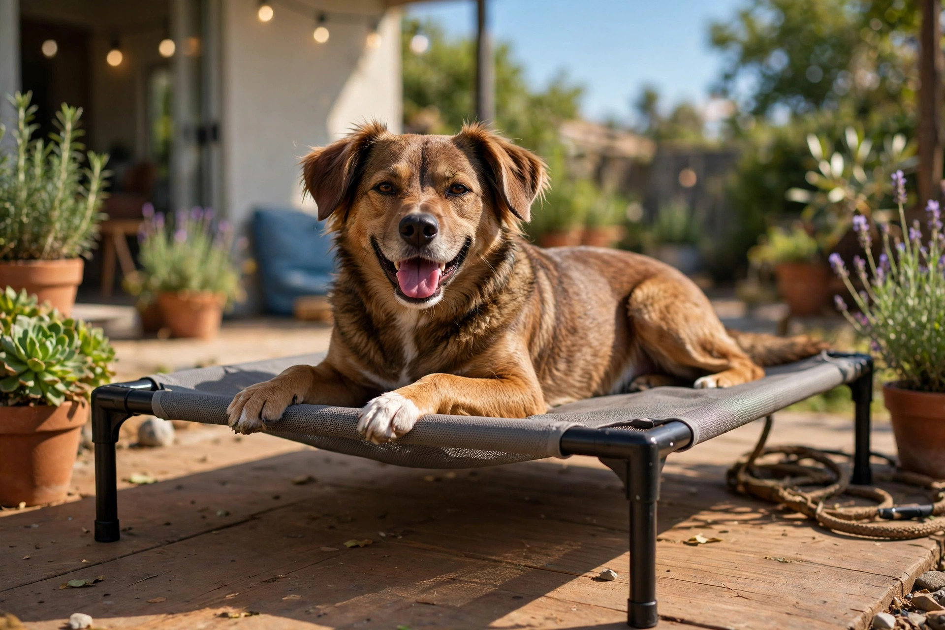 Happy brown dog lying on a raised cot-style elevated dog bed on a sunny patio.