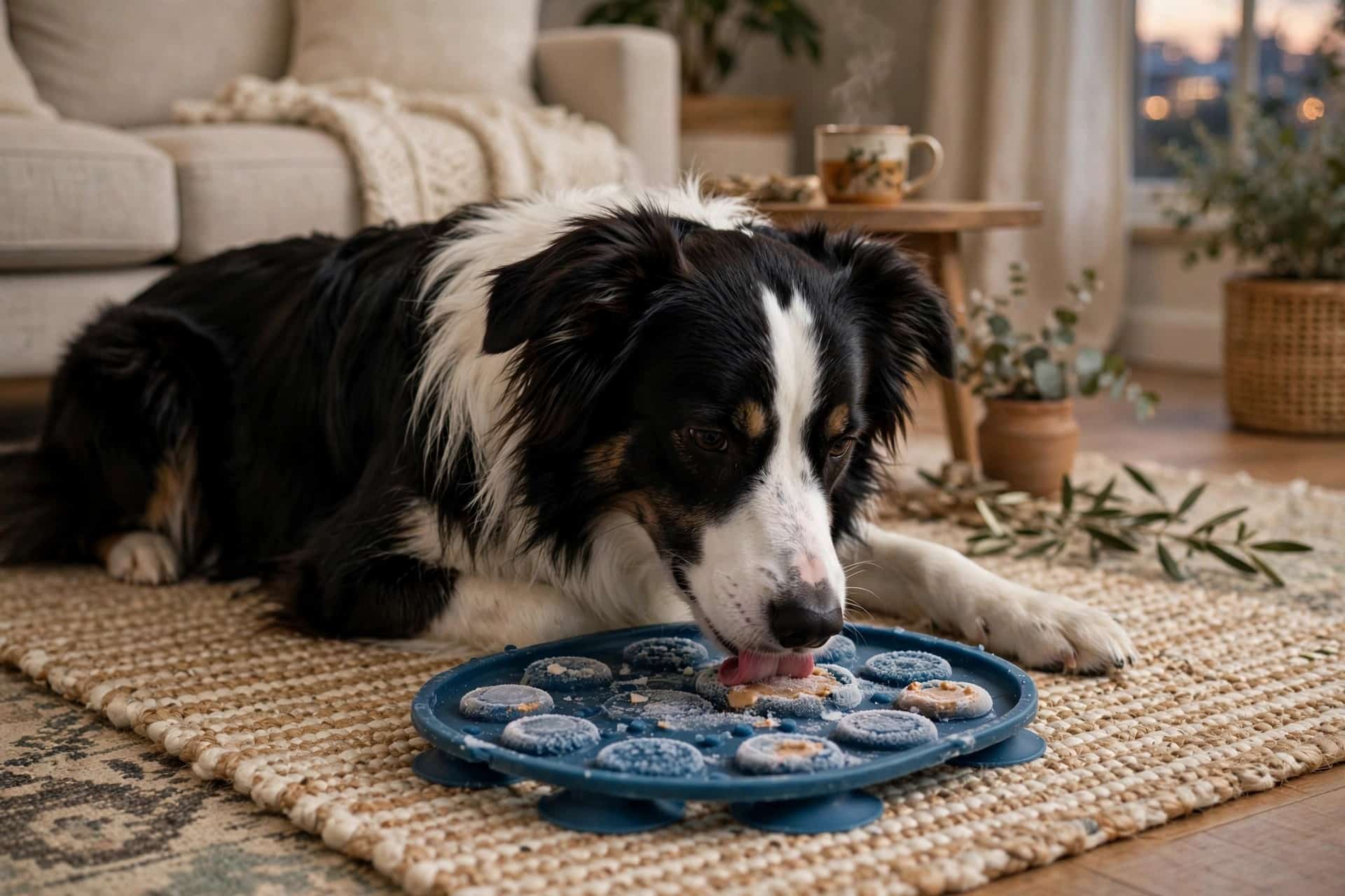 Calm dog enjoying a frozen lick mat on a rug