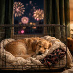 Dog resting calmly in a cozy safe-space crate indoors during New Year's Eve fireworks