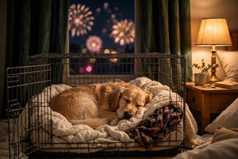 Dog resting calmly in a cozy safe-space crate indoors during New Year's Eve fireworks