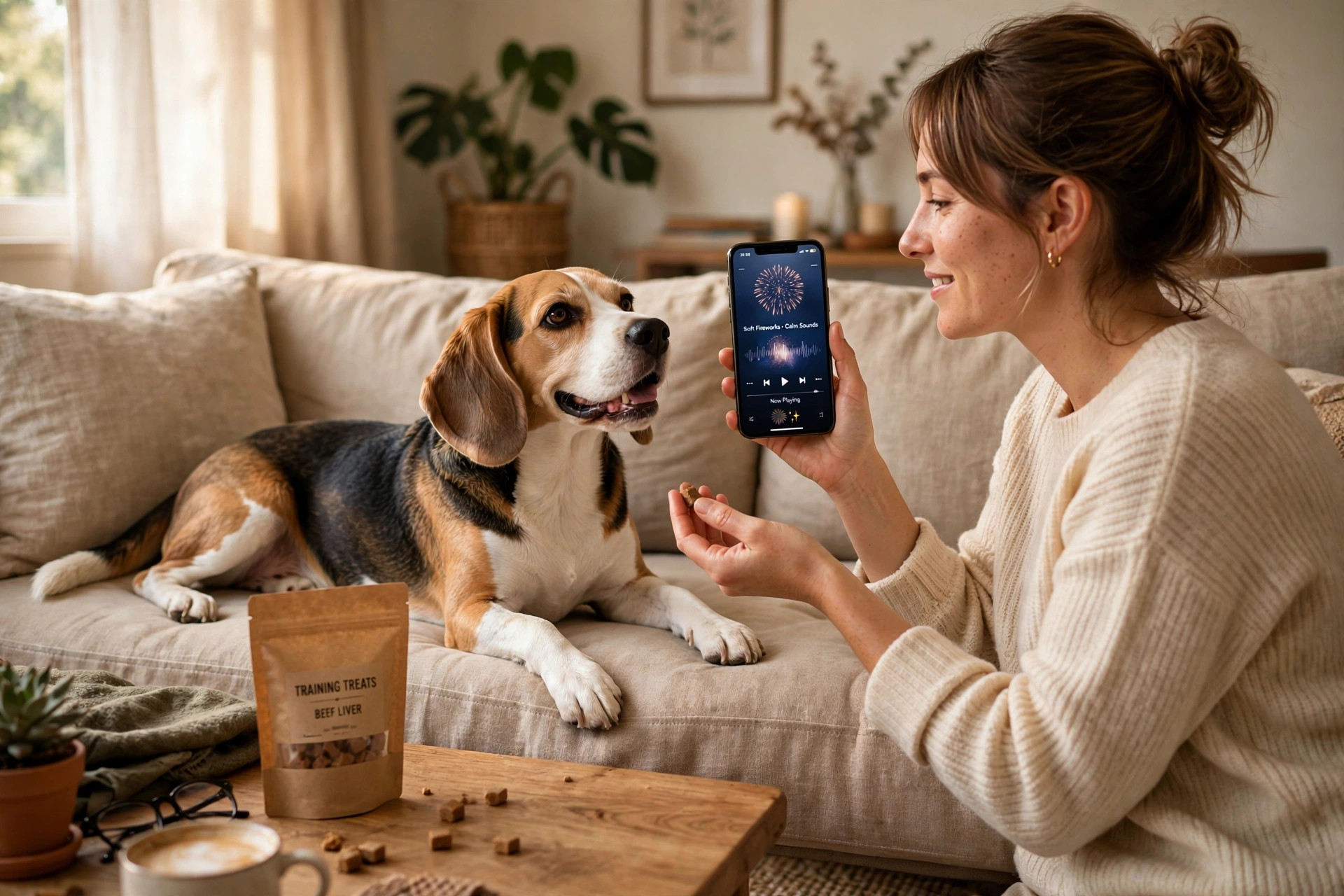 Dog listening to soft firework sounds on a phone during a desensitization training session