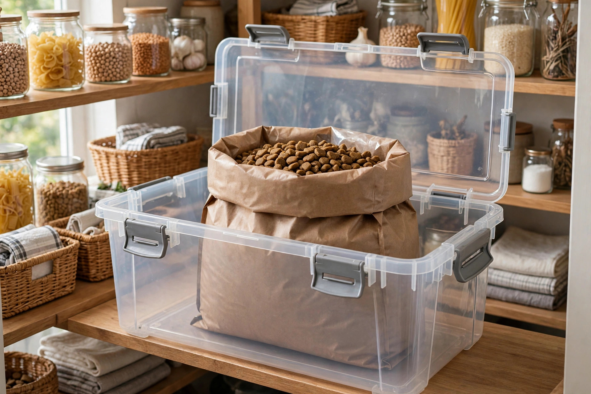dog food bag rolled down inside a clear airtight storage bin