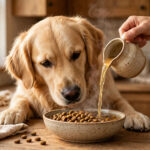 Golden retriever eating kibble topped with a warm homemade pour-over gravy.