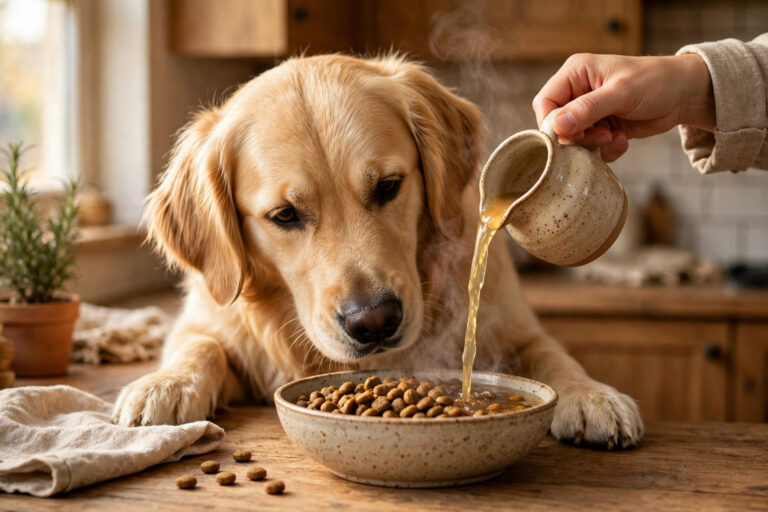 Golden retriever eating kibble topped with a warm homemade pour-over gravy.