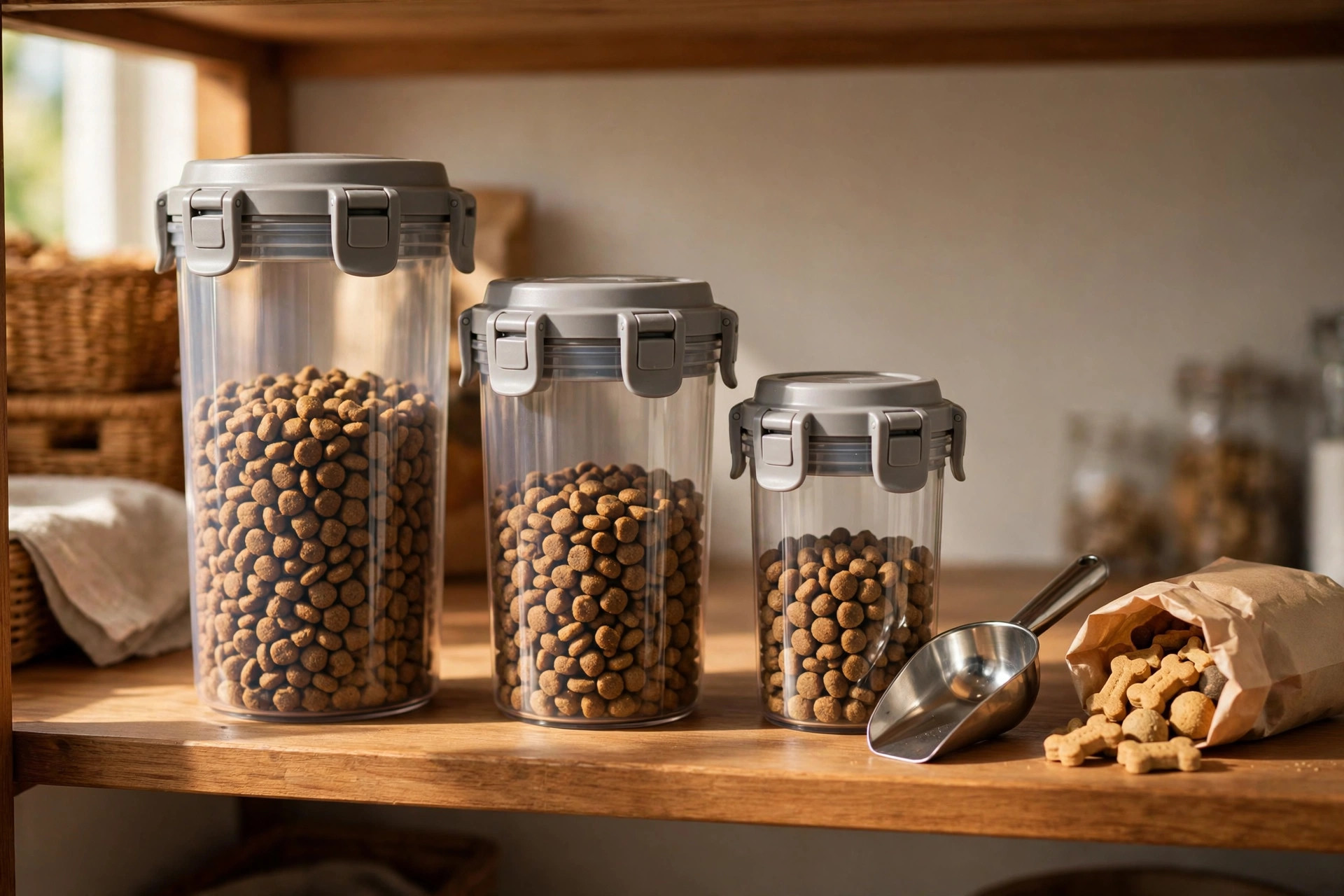 row of airtight pet food storage containers with kibble and scoop