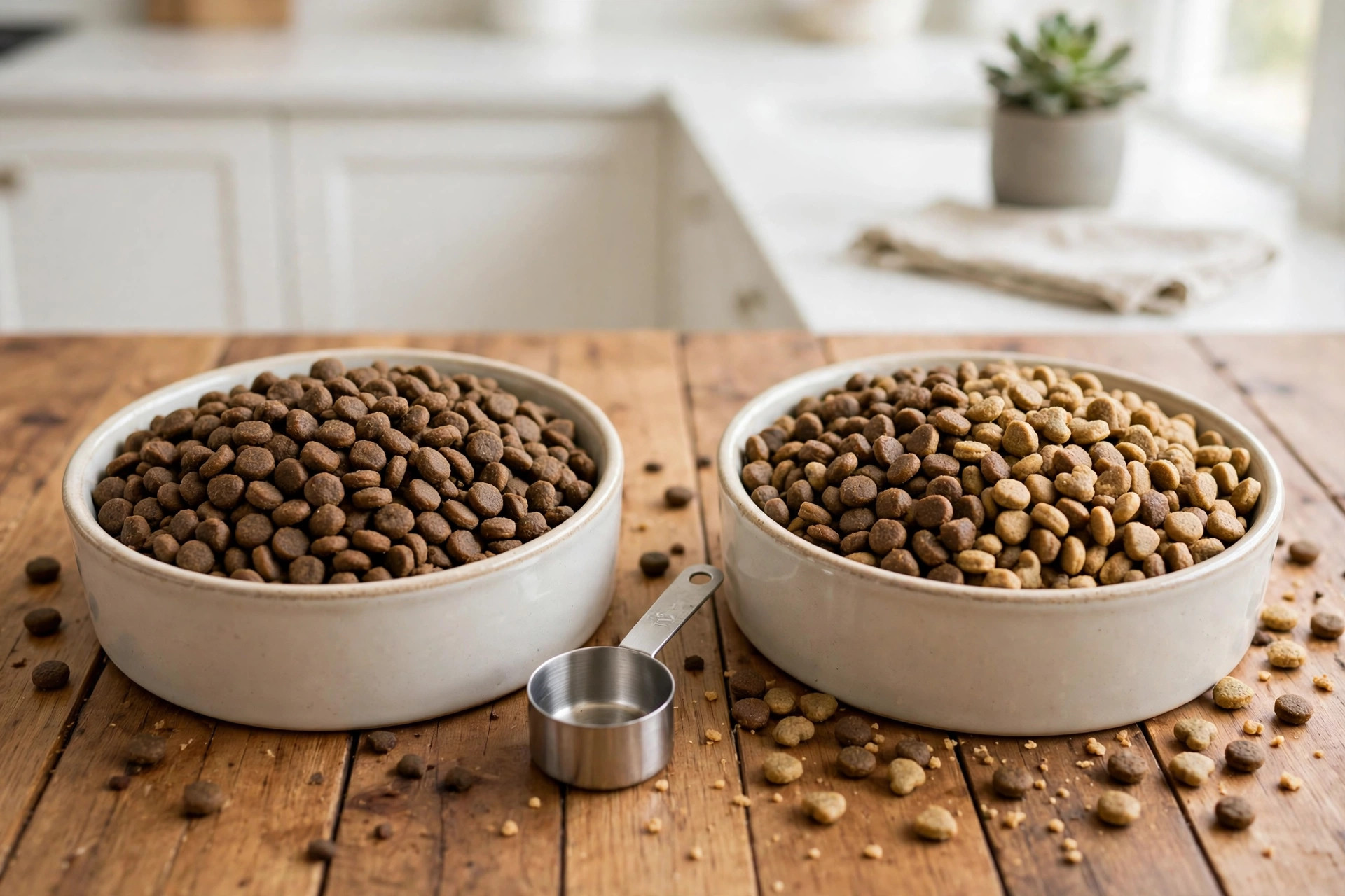 Two bowls showing the old-to-new dog food transition mix