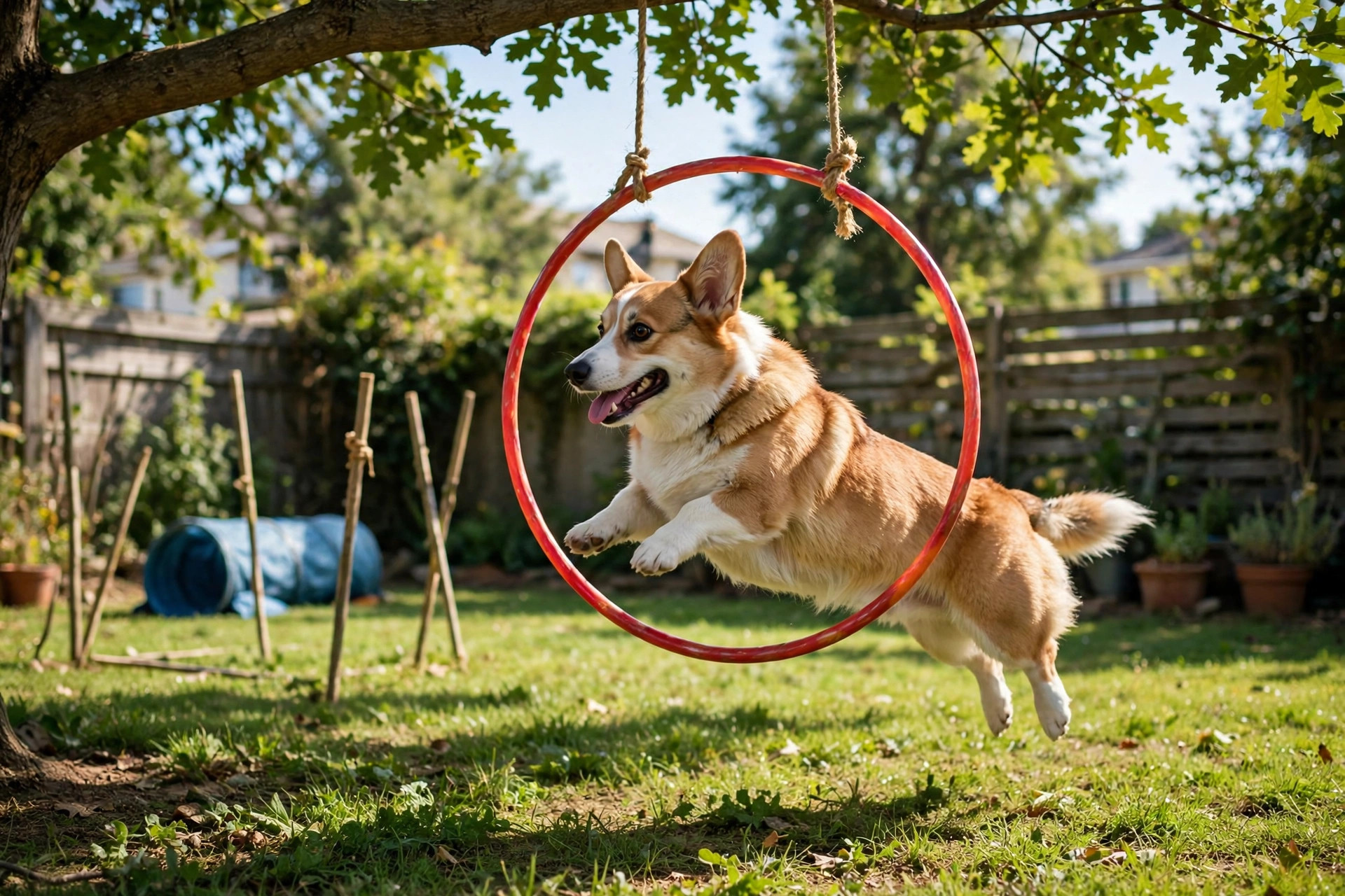 Corgi jumping through a hula hoop hung from a tree in a backyard agility course