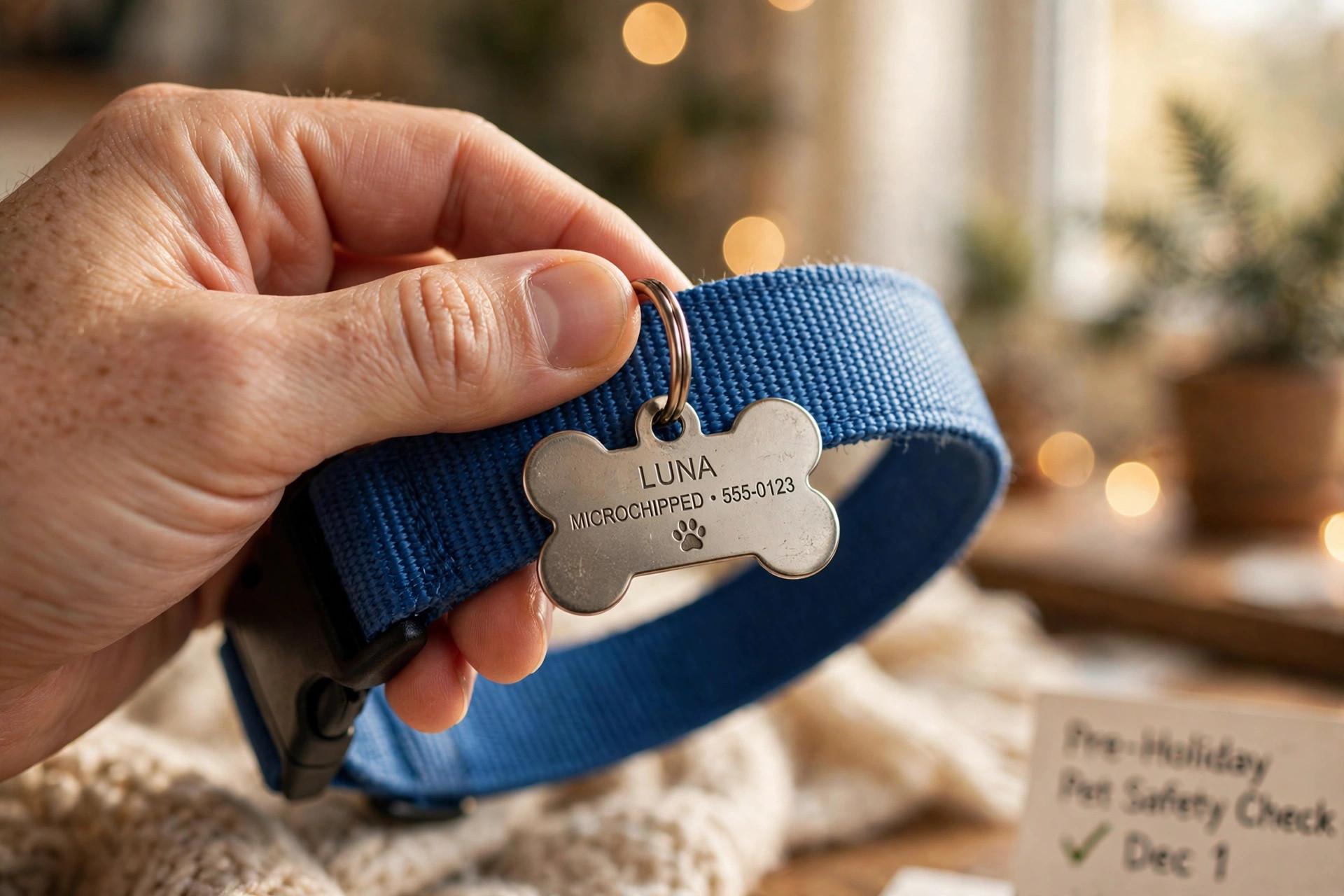 Close-up of a dog's collar with an engraved ID tag for holiday fireworks safety