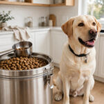 stainless steel airtight kibble container with scoop and labrador