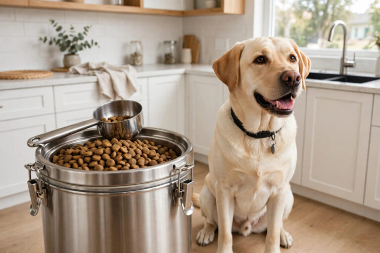 stainless steel airtight kibble container with scoop and labrador