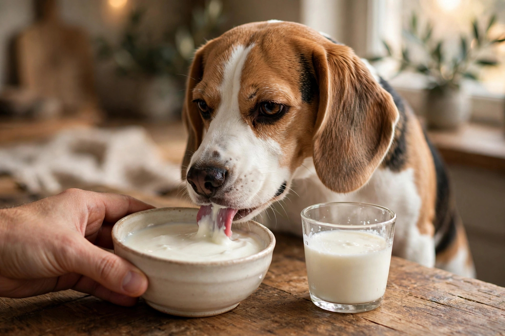 Beagle licking plain yoghurt from a bowl