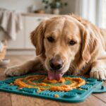 Dog enjoying a pumpkin lick mat — an easy freezable enrichment treat