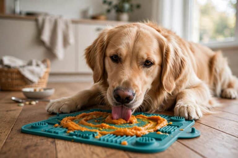Dog enjoying a pumpkin lick mat — an easy freezable enrichment treat