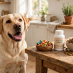 Labrador with dog multivitamin chews and a supplement bottle next to a kibble bowl.