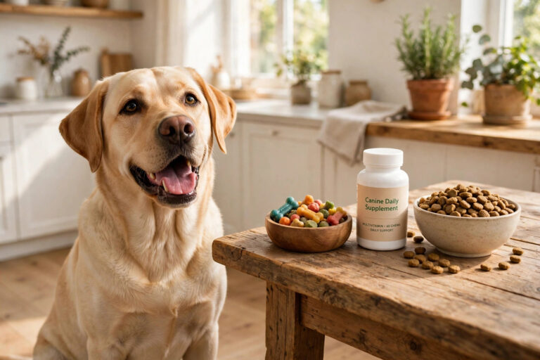 Labrador with dog multivitamin chews and a supplement bottle next to a kibble bowl.