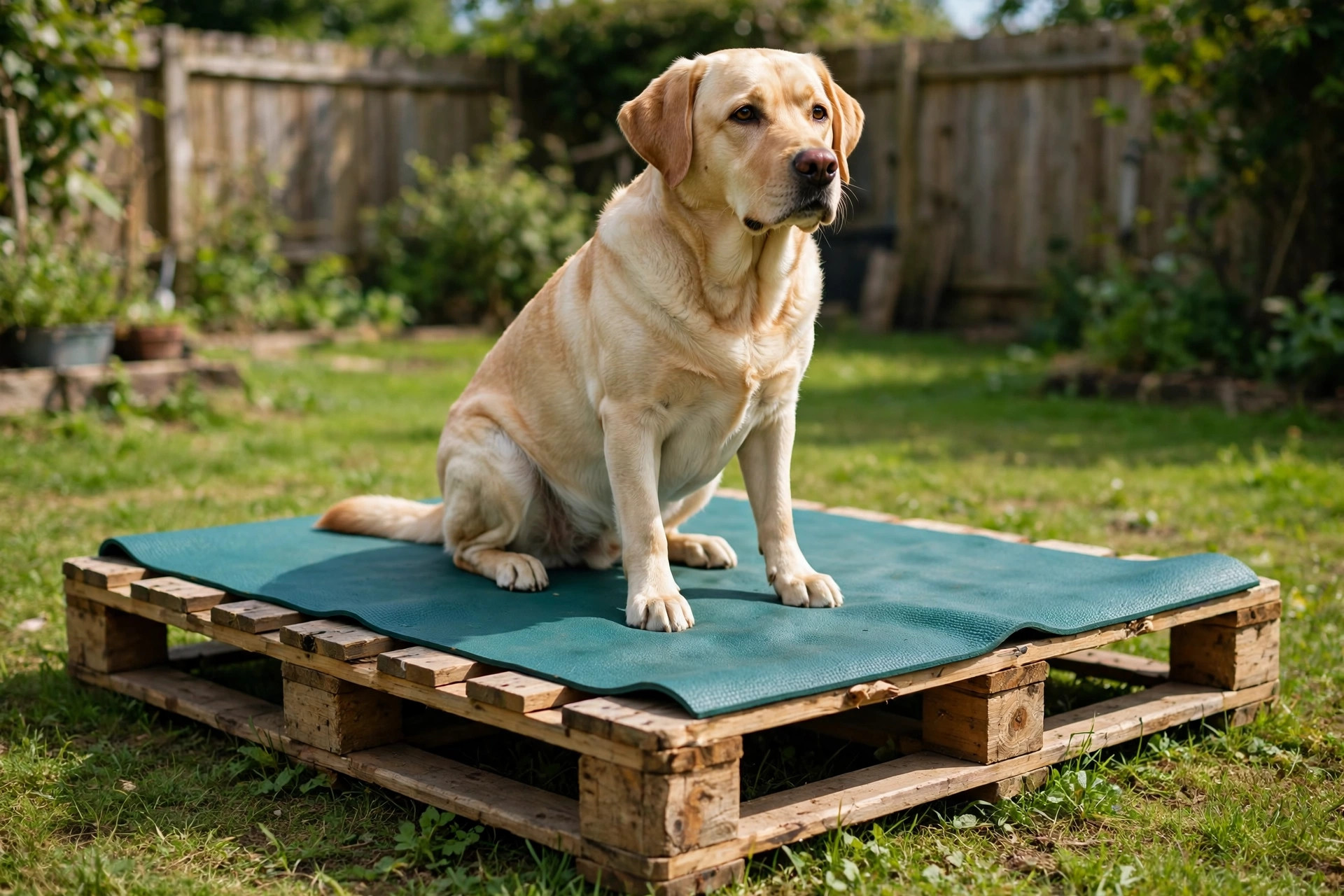 Labrador sitting on a homemade pallet pause table for dog agility