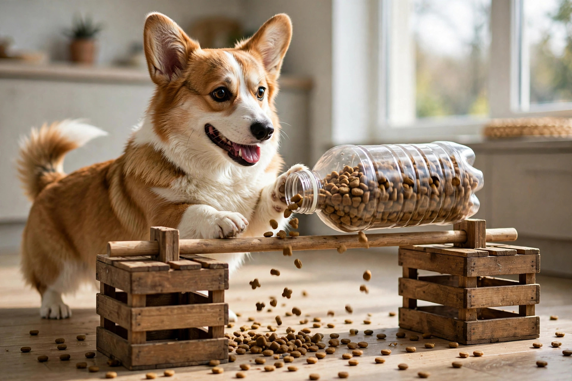 Corgi spinning a DIY plastic bottle puzzle toy that dispenses kibble.