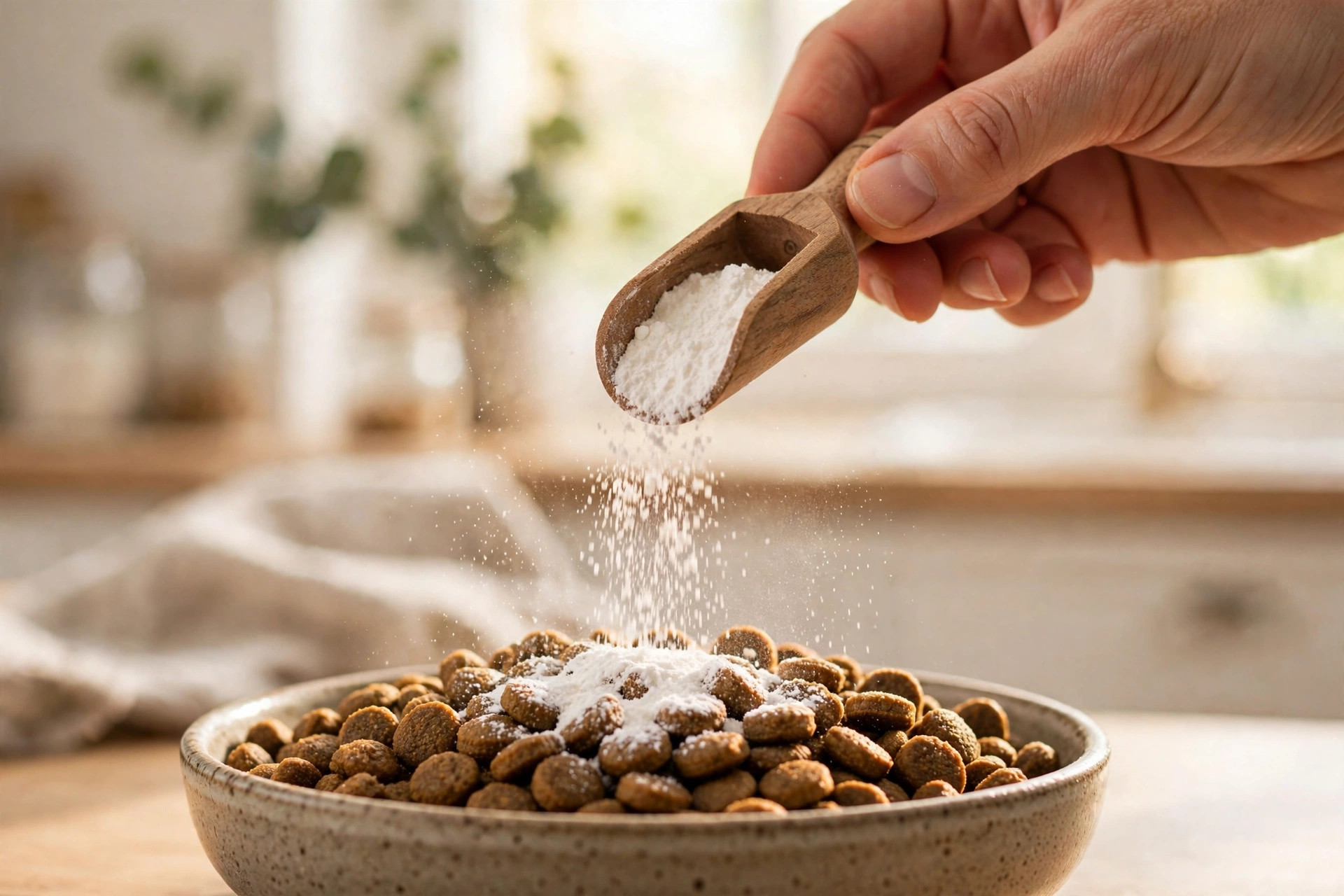 Probiotic powder sprinkled over dog kibble