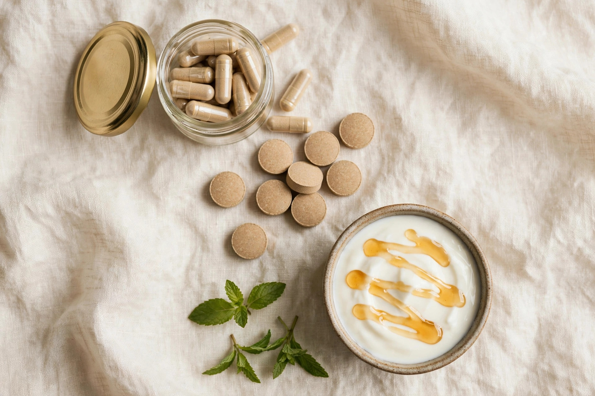 Dog probiotic capsules, chews and yoghurt flat lay
