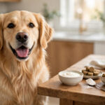 Happy golden retriever with probiotic foods — yoghurt, chews and kibble bowl for dog gut health