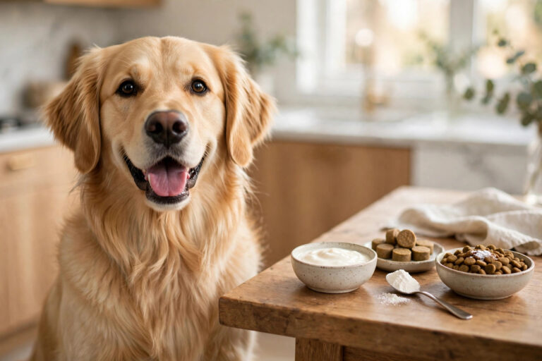 Happy golden retriever with probiotic foods — yoghurt, chews and kibble bowl for dog gut health