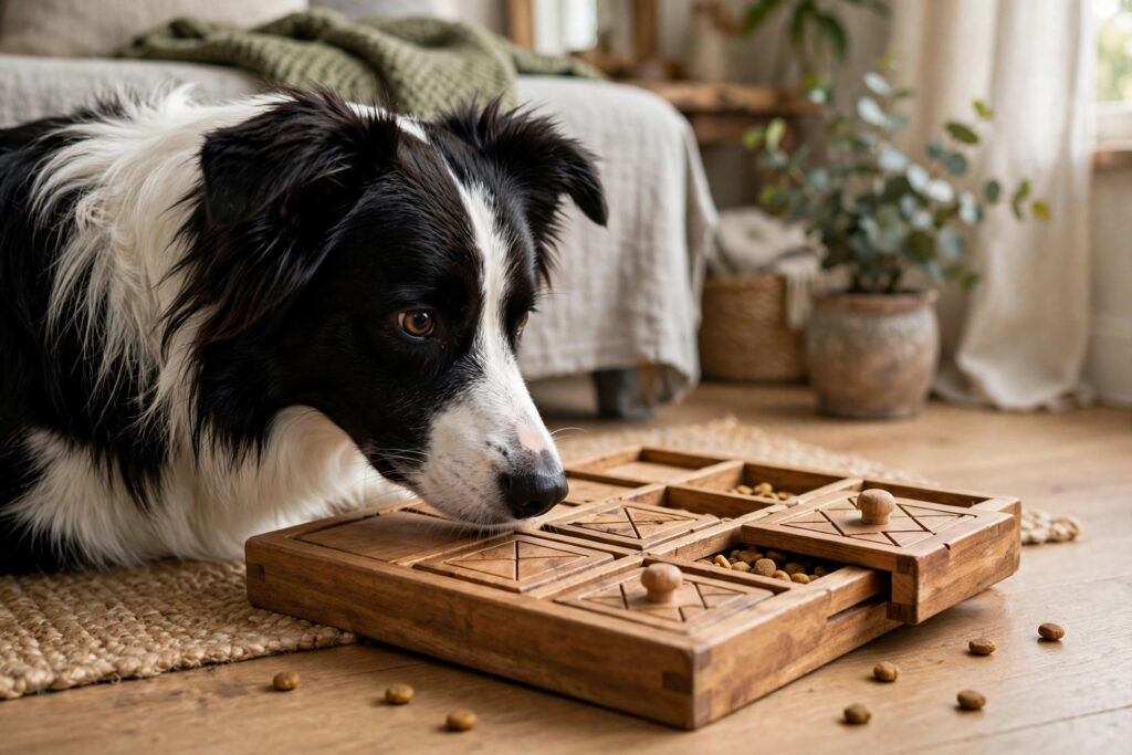 Border collie solving a wooden puzzle feeder toy.