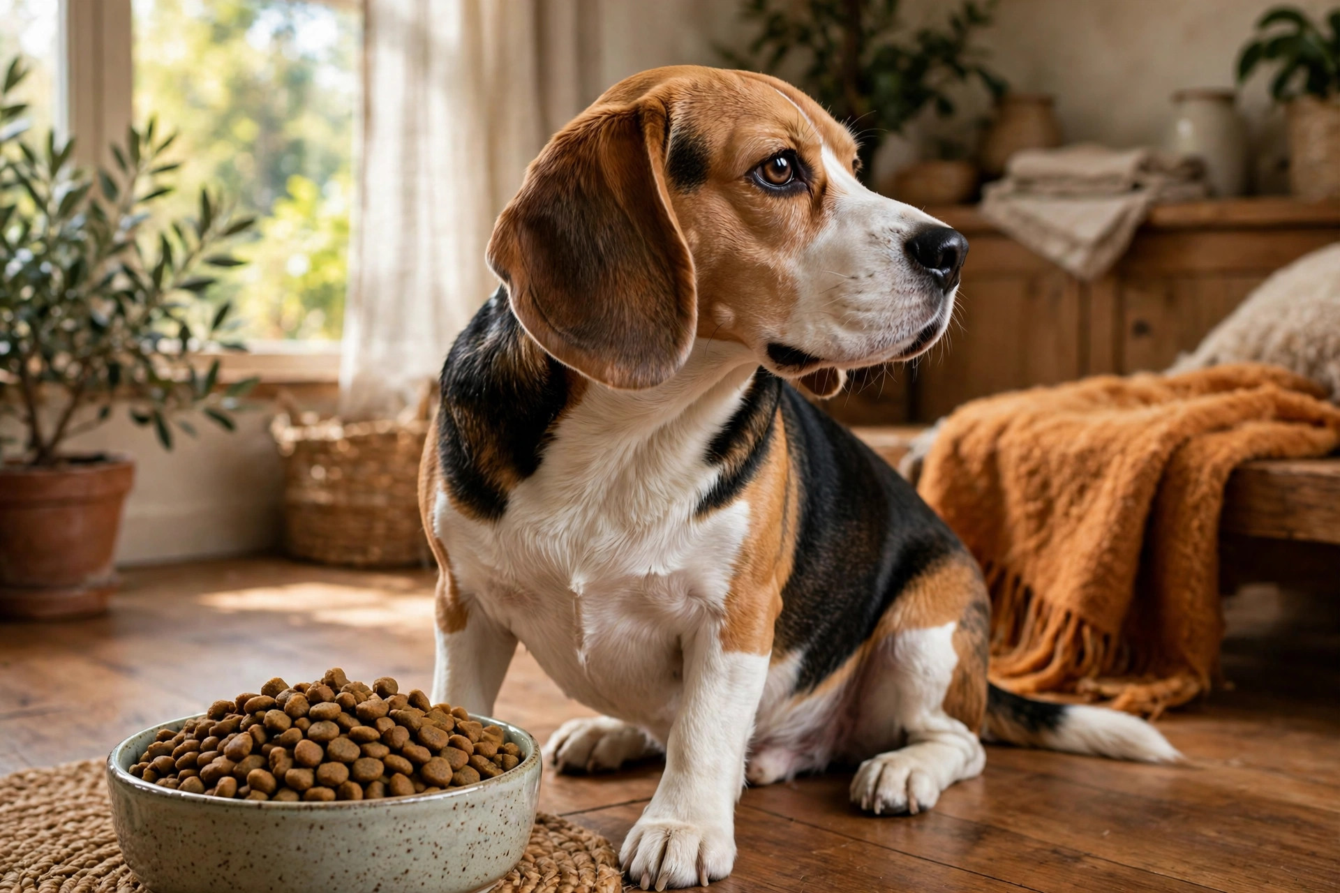 Beagle turning away from a full bowl of dog food.